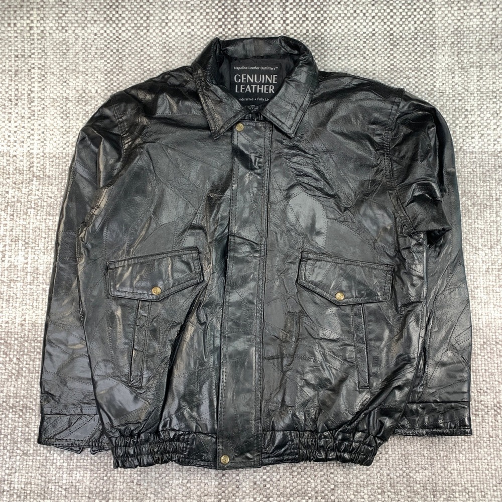Napoline Leather Outfitters Patchwork Bomber Jacket Black XL Vintage Handcrafted